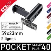 1. Tampon de poche Colop Pocket Stamp Plus 40 ouvert avec plaque texte 59x23mm